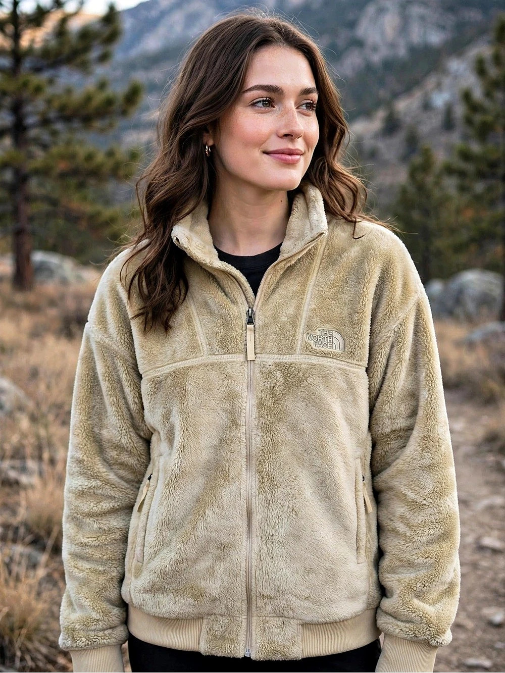 The North Face Osito Full Zip Fleece Jacket Womens L Beige Tan Fuzzy Sherpa